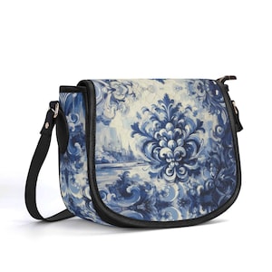 Bolso de piel auténtica de damasco, bolso de mano de piel de grano superior, bolso de mano bohemio con flores, regalo para ella, bolso de hombro de lujo silencioso, porcelana azul