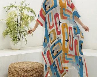 Mid Century Modern Kaftan, Modernist Caftan, Maxi Shift Dress, Retro Tunic, Kimono Robe, Flowy Festival Gown, 1960s Mod Style, Lounge Party