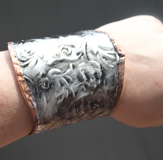 Free Shipping Biology Jewelry Daisy Sunflower Handmade Unique Rustic Flowers Copper Cuff Bracelet Naturalist Gift Wide Cuff