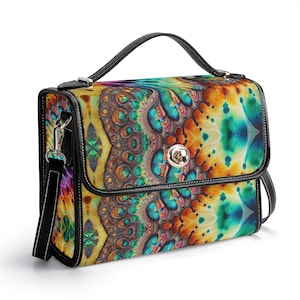 Cartera de cuero genuino fractal, cartera de cuero psicodélico, bolso de mano hippie, bolso de mensajero rave, bolso de hombro para festivales, cartera con efecto tie dye