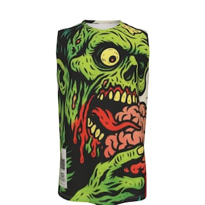 Pode incluir: Vestido sem mangas com um gráfico vibrante de zumbi verde, mostrando cérebros expostos e uma longa língua vermelha. O design inclui olhos amarelos e um fundo preto, criando um visual arrojado. O vestido tem uma etiqueta branca na lateral.