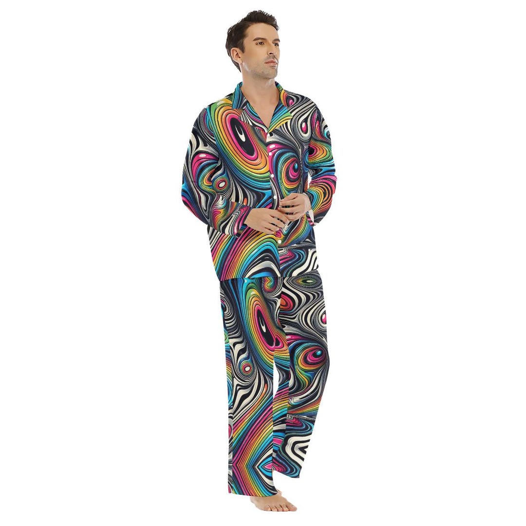 Trippy Rave Mens Satin Pajamas Button Down Sleepwear Gift Menswear ...