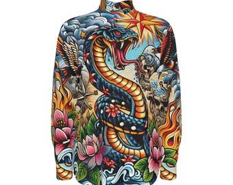 Chemise habillée pour homme, tatouage cobra, boutonné en coton, cadeau pour homme, streetwear homme, baroque, luxe, couture fait main serpent Rockabilly