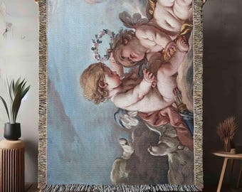 Boucher Cherub Cotton Woven Blanket, Putti Throw Cherubim Couch Cover Blanket Shawl, Rococo Tapestry Angels Art, Made in U.S.A Cupid