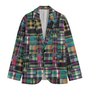 Teal Cotton Madras Patchwork Plaid Mens Sports Coat Blazer Suit Jacket Green Country Club Preppy Checkerboard Windowpane Tartan Plum Mustard