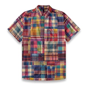 May include: A short-sleeved button-down shirt featuring a multi-coloured patchwork plaid pattern. The design incorporates various squares of fabric in shades of red, yellow, blue, and purple, with a standard collar and a single chest pocket on the left.