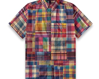 Muted Red Blue Patchwork Madras Plaid Mens Short Sleeve Shirt Breathable Cotton Coconut Buttons Button Up Collared, Birthday Gift for Son