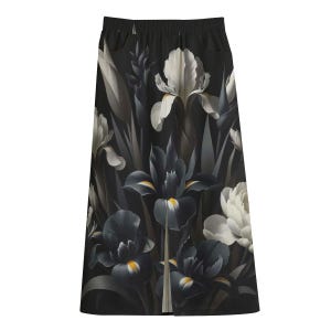Iris Dunkel Floral Baumwollrock Unterhalb des Knies, Gedruckt 3D High Definition Casual Arbeit Lang Maxi Casual Slit, Schwarz Couture Dressy Pfingstrosen