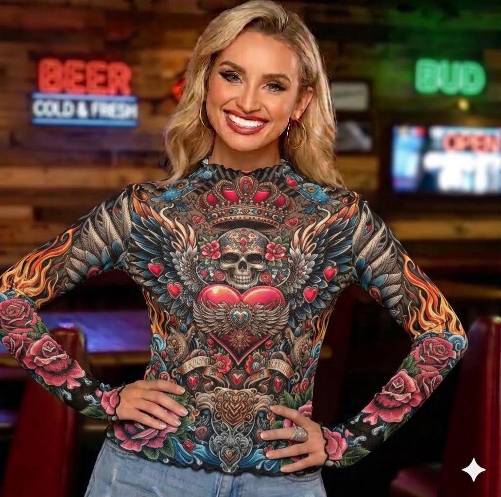 Crown Tattoo Mesh See Thru Top Blouse Sheer Skull Top, Rocker