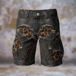 May include: Black cargo shorts with a leopard print design. The shorts feature two front pockets and two side cargo pockets. The leopard print is brown and tan, and the shorts have a button closure.