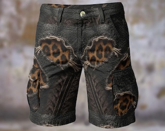 Distressed Leopard Print Mens Cargo Shorts Comfort Long Casual Cheetah Walking Beach Gift for Him, Punk Rock Music QR Code Interactive