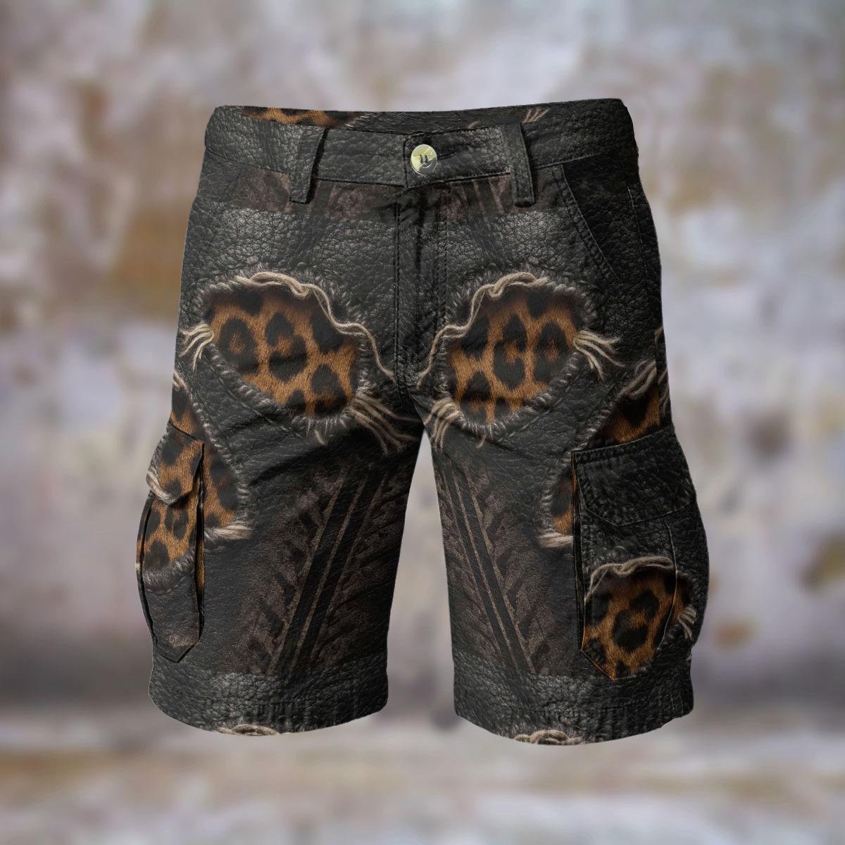 Distressed Leopard Print Mens Cargo Shorts Comfort Long Casual