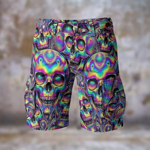 Psychedelic Sugar Skulls Mens Cargo Shorts Trippy Casual Walking Travel Statement Streetwear Vibrant Resort Showstopper Day of the Dead Gift