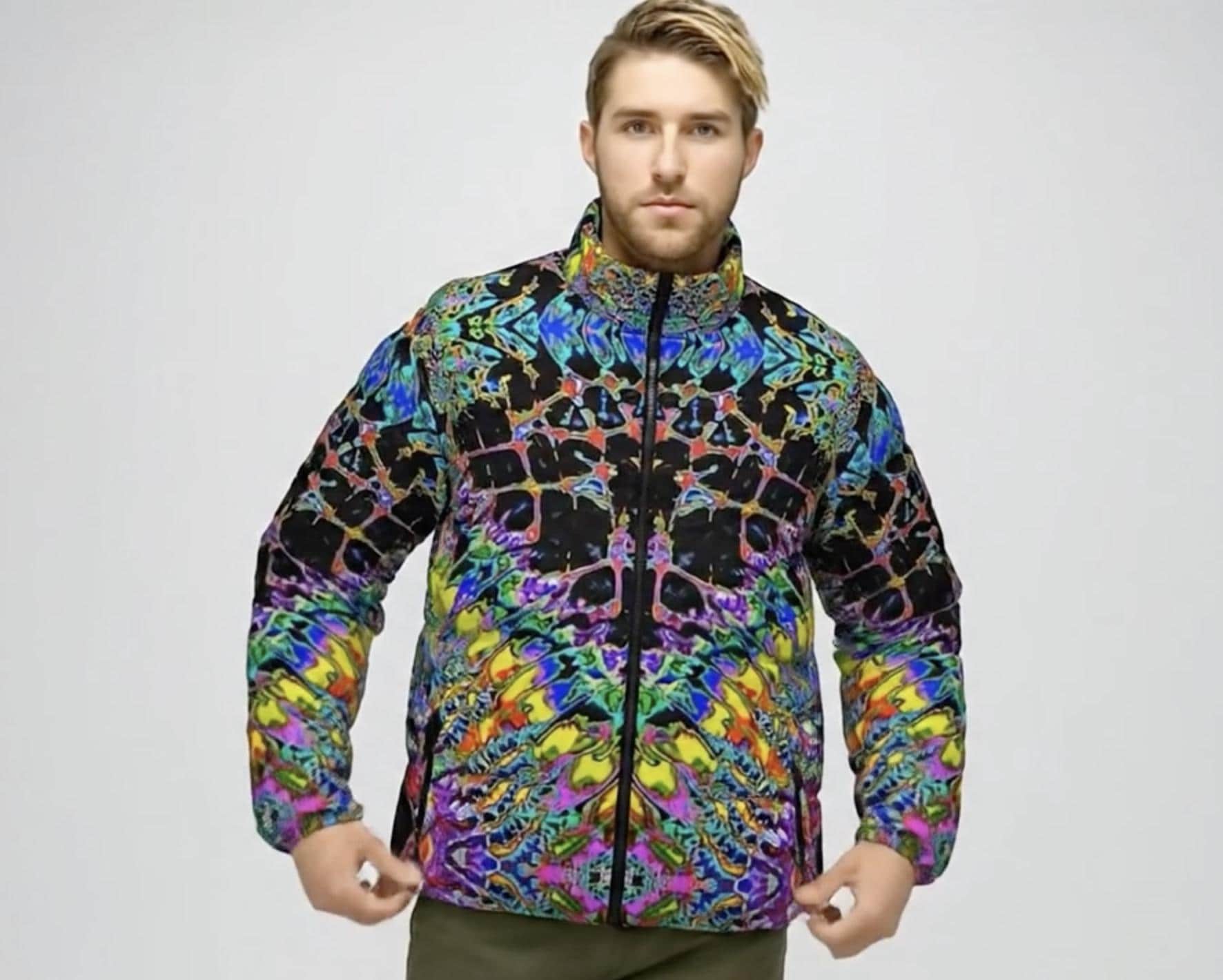 Psychedelic Puffer Coat, Trippy Fractal Puff, Genuine Duck Down