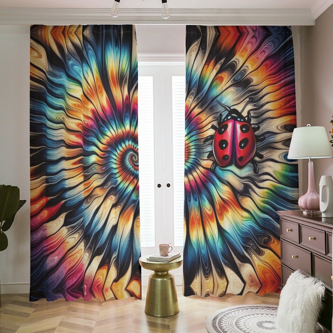 Ladybug Psychedelic Spiral Blackout Curtains, Tie Dye Drapes, Set of 2 ...