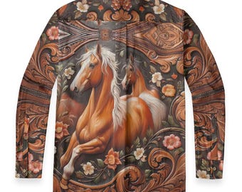 Western Horse Rodeo Cotton Button Down Collar Long Sleeve Pocket Casual Floral Cowboy Flip Cuff Southwestern Gift Equestrian Brown Earth