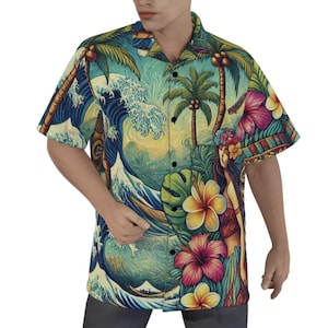 Hula Girl Cotton Hawaiian Shirt Button Up Short Sleeve Mens Hawaii Tropical Island Resort Floral Pop Art Luau Aloha Gift Retro Green Vibrant