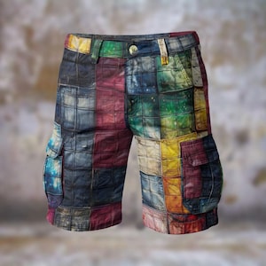 Denim Patchwork Mens Cargo Shorts Tie Dye Boho Walking Travel Statement Streetwear Vibrant Resort Showstopper Beach, Gift for Him Bohemian