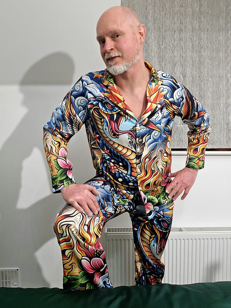 Tattoo Schlange Cobra Satin Pyjamas Nachtwäsche Geschenk Herrenmode Loungewear Luxus PJ's Geburtstag Vatertag Rockabilly Vintage Nautisch Bild 11