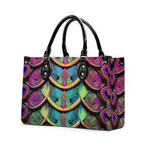 Bolso de mano de piel de pavo real, cartera con asa superior, bolso de mano de piel de grano superior, bolso de mano de piel auténtica, bolso de hombro de alta costura, abstracto psicodélico exótico
