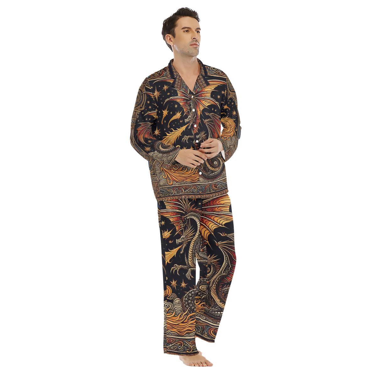 Dragon Tarot Mens Satin Pajamas Button Down Sleepwear Set Gift Menswear ...