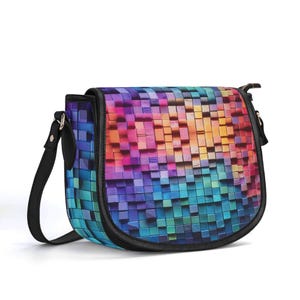 Bolso de cuero genuino con diseño de arte óptico, bolso de cuero de grano superior, bolso de mano para fiesta, regalo psicodélico, bolso de hombro de lujo, billetera con bloques de construcción