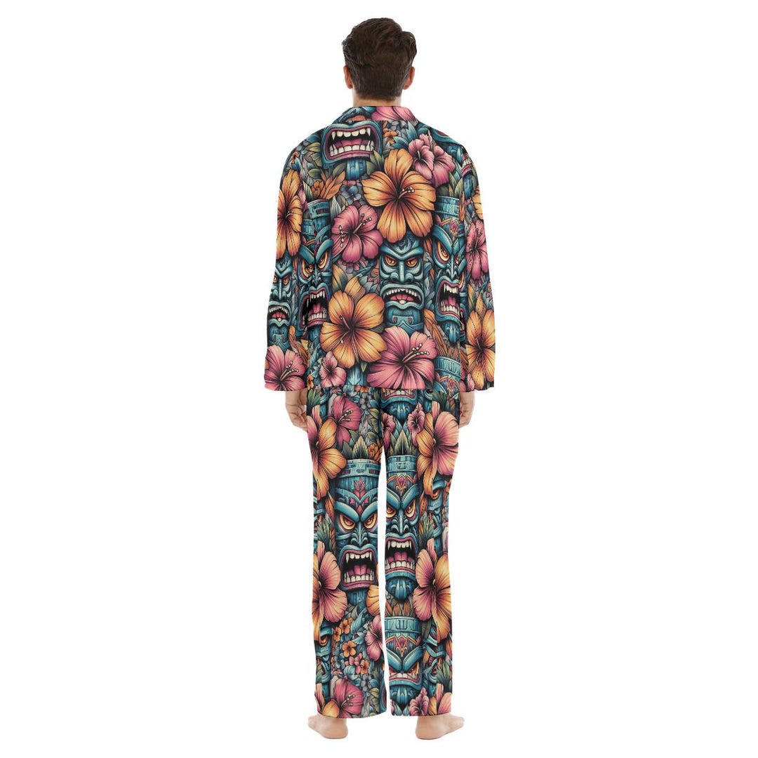 Tiki Mask Hawaiian Mens Satin Pajamas Button Down Sleepwear Gift ...