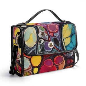 Cartera de piel auténtica con efecto mármol, cartera de piel psicodélica, bolso de mano hippie, bolso de mensajero para rave, bolso de hombro para festivales, cartera con efecto mármol