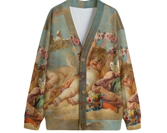 Boucher Cherub Cardigan Sweater Angel V-neck Knitted Fleece Victorian Couture Floral Flowers Long Sleeve  S/M/L/XL/2XL/3XL/4XL/5XL Unisex