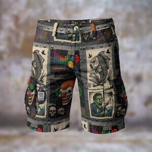 May include: Cargo shorts with a collage design featuring fish, clowns, skulls, and a zombie. The shorts have a button closure and multiple pockets. The color scheme includes black, gray, and beige with accents of red, orange, and green.