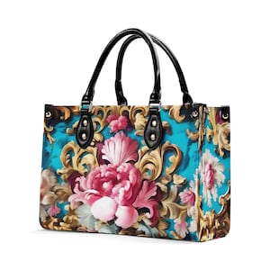 Bolso de mano de cuero con diseño floral barroco, cartera con asa superior, bolso de mano de piel de grano superior, bolso de mano de cuero genuino, bolso de hombro de alta costura, estilo bohemio de lujo