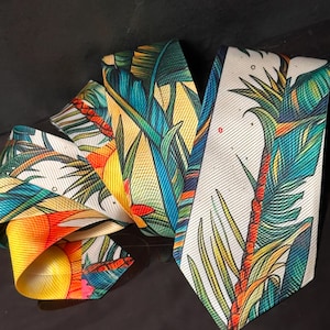 Mens Hawaiian Tie Floral Imitation Silk Necktie Menswear Aloha Festival Resort Travel Hawaii Dad Gift Sunset Flowers Monstera Tropical Green