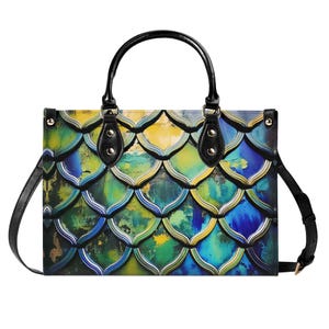 Bolso de mano de piel auténtica con escamas de pescado, cartera de piel con diseño de mosaico de mármol, bolso de mano de piel, bolso de mano azul y verde, bolso de hombro de alta costura de lujo, para verter líquidos