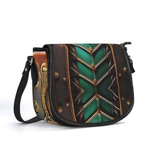 Cartera de armadura de gladiador, bolso de cuero genuino, bolso de sillín de grano superior verde, bolso de mano medieval, bolso de hombro de lujo silencioso, regalo de guerrero marrón