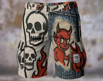 Skull Devil Flames Mens Cargo Shorts Comfort Long Casual Walking Beach Gift for Him, Skate Punk Rock Music QR Code Interactive