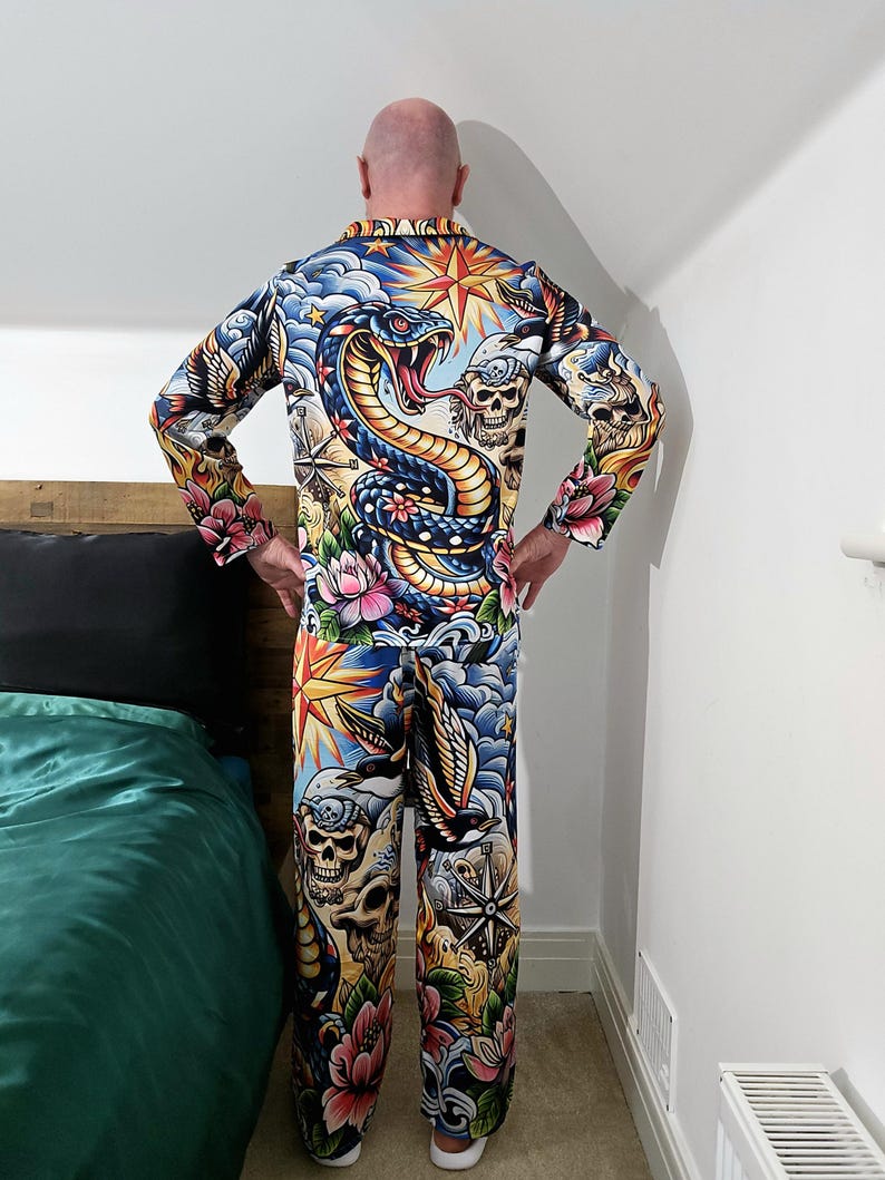 Tattoo Schlange Cobra Satin Pyjamas Nachtwäsche Geschenk Herrenmode Loungewear Luxus PJ's Geburtstag Vatertag Rockabilly Vintage Nautisch Bild 2