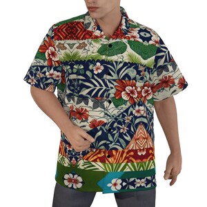 May include: A short-sleeved button-up shirt with a colourful patchwork design featuring tropical flowers, leaves, and geometric patterns.