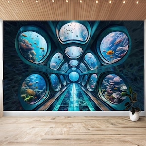 May include: A blue and white underwater tunnel with multiple circular windows showcasing colorful fish and coral reefs. The tunnel is lit with a soft blue light, creating a surreal and dreamlike atmosphere.