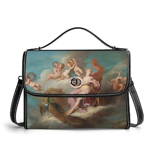 May include: A rectangular handbag featuring a classical painting of cherubs and a woman in flowing robes against a cloudy sky. The bag has a black handle, a black shoulder strap, and a silver clasp. The edges are trimmed with white stitching.
