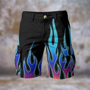 Blue Fire Flame Mens Cargo Shorts Rockabilly Hot Rod Casual Walking Travel Statement Streetwear Vibrant Resort Showstopper Beach, Gift