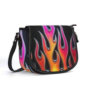 Bolso de cuero genuino Flames, cartera de motociclista Flames, bolso de grano superior, bolso de mano Fire rosa intenso, bolso de hombro Couture, Hot Rod, Rocker