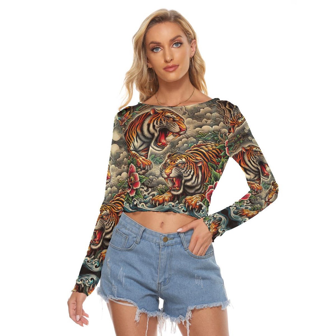 Tiger Tattoo Blouse Mesh See Thru Crop Top Second Skin Tight Shirt ...