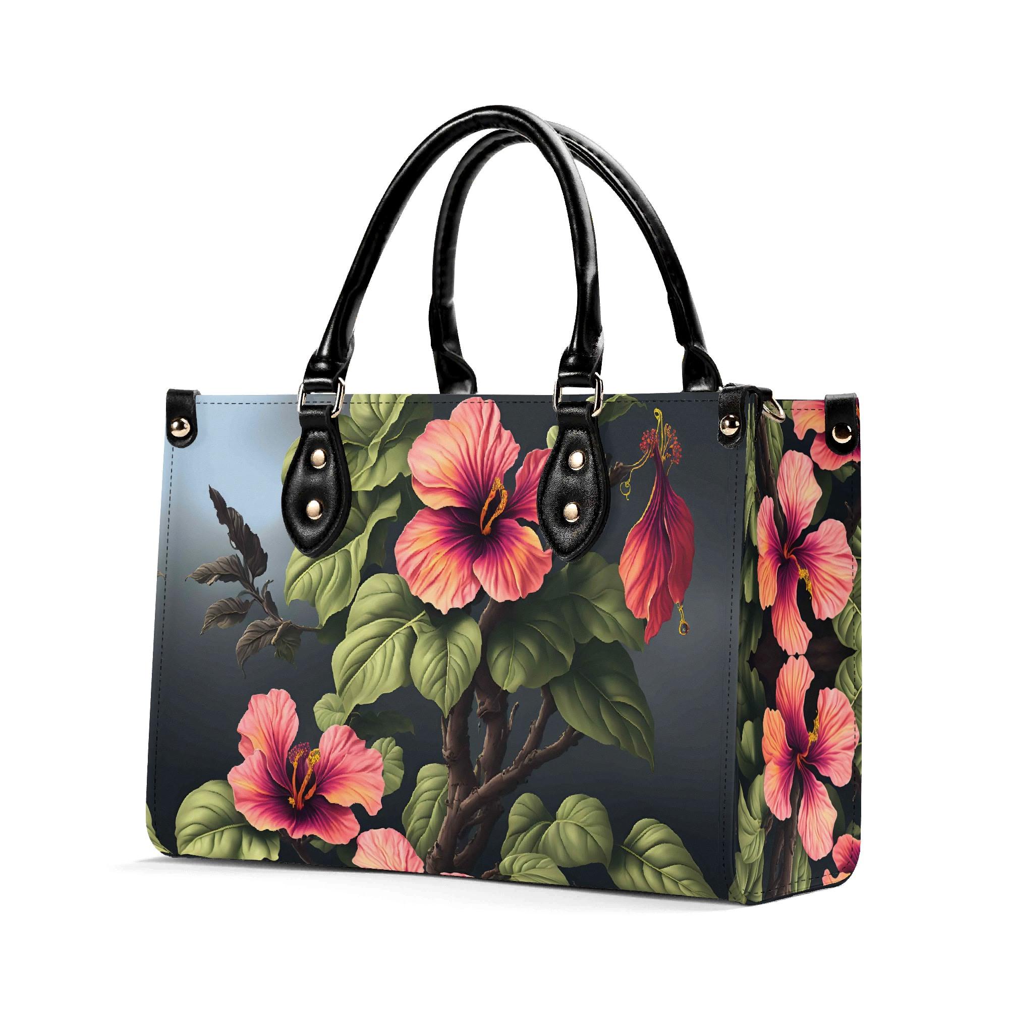 Hibiscus Luxury Leather Handbag, Top Handle Pocketbook, Top Grain