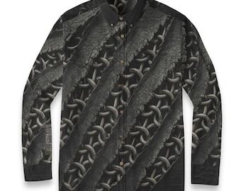 Camisa de manga larga de algodón con botones y cuello, estilo casual, con cadena rasgada, para hombre, Oxford, dañada, juvenil, con código QR interactivo, música punk rock.
