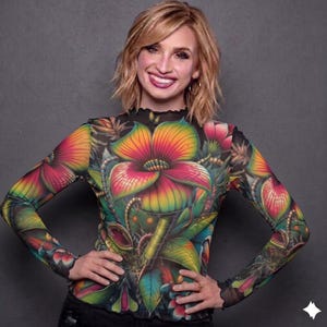 Puede incluir: Una blusa de manga larga con un vibrante diseño floral en tonos rojos, amarillos, verdes y azules. La blusa presenta un cuello alto y una tela transparente tipo malla, creando un look audaz y artístico. El estampado floral cubre toda la blusa.