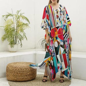 Mid Century Mod Kaftan, Geometric Abstract Caftan, Modernist Kimono Robe, Floral MuuMuu ,Boho Maxi Dress, Tunic Loungewear, Art Gallery Gown