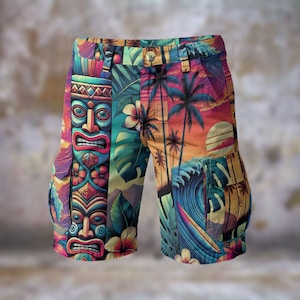 Tiki Mask Totem Pole Mens Cargo Shorts Aloha Hawaiian Walking Travel Statement Streetwear Vibrant Resort Showstopper Beach, Gift for Him