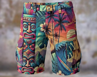 Tiki-Maske Totempfahl Herren Cargo Shorts Aloha Hawaiian Walking Travel Statement Streetwear Lebendiges Resort Showstopper Strand, Geschenk für Ihn