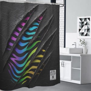 May include: Shower curtain featuring a black, torn leather design with vibrant zebra stripes in purple, blue, green, and yellow. A tag with text is visible on the lower right of the curtain.