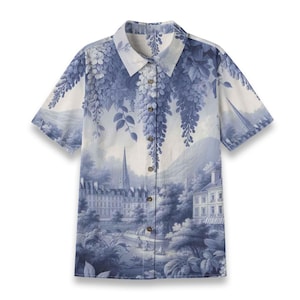 Wisteria Blue Toile Cotton Shirt Women&#39;s Aloha Shirt Natural Slub Fibers Short Sleeve Victorian Floral Button Up Blouse Top Couture Rococo